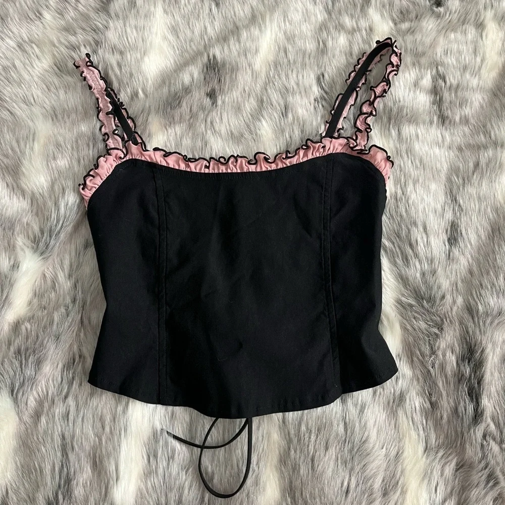 Motel rocks Idalia Corset Top Mesh Black with Pink Ruffles sz small S - Picture 4 of 8